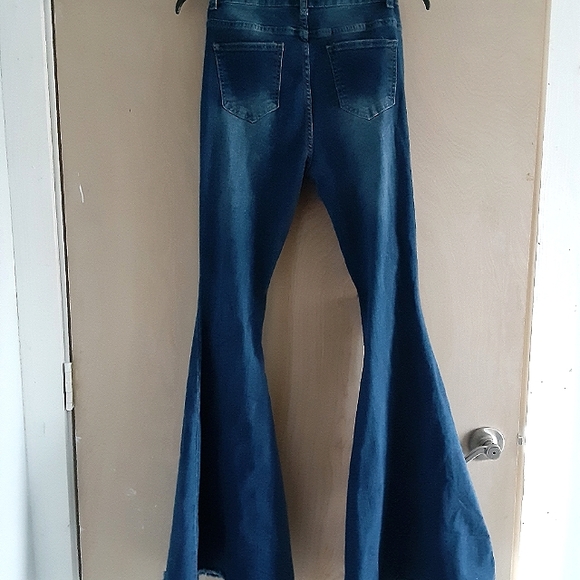 Super Flare High Waisted Fringe Denim Baby Doll Bell Bottoms - Picture 3 of 3